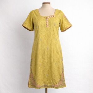 Handmade Floral Embroidered Dress Yellow Paisley Short Sleeve Sequin Cottagecore